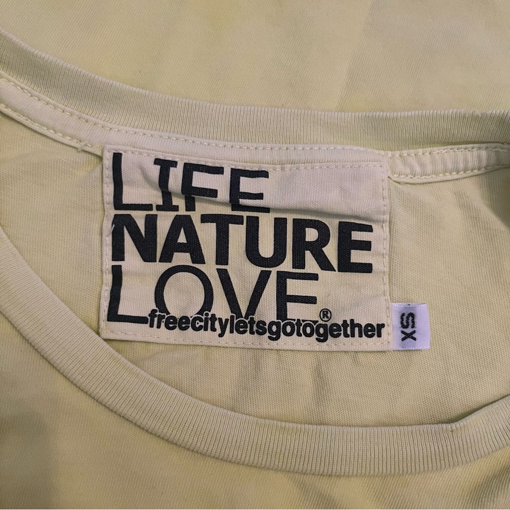 FREECITY Golden Line Short-Sleeve Tee in Yellow Green Sz XS Rare Distressed - Picture 5 of 16
